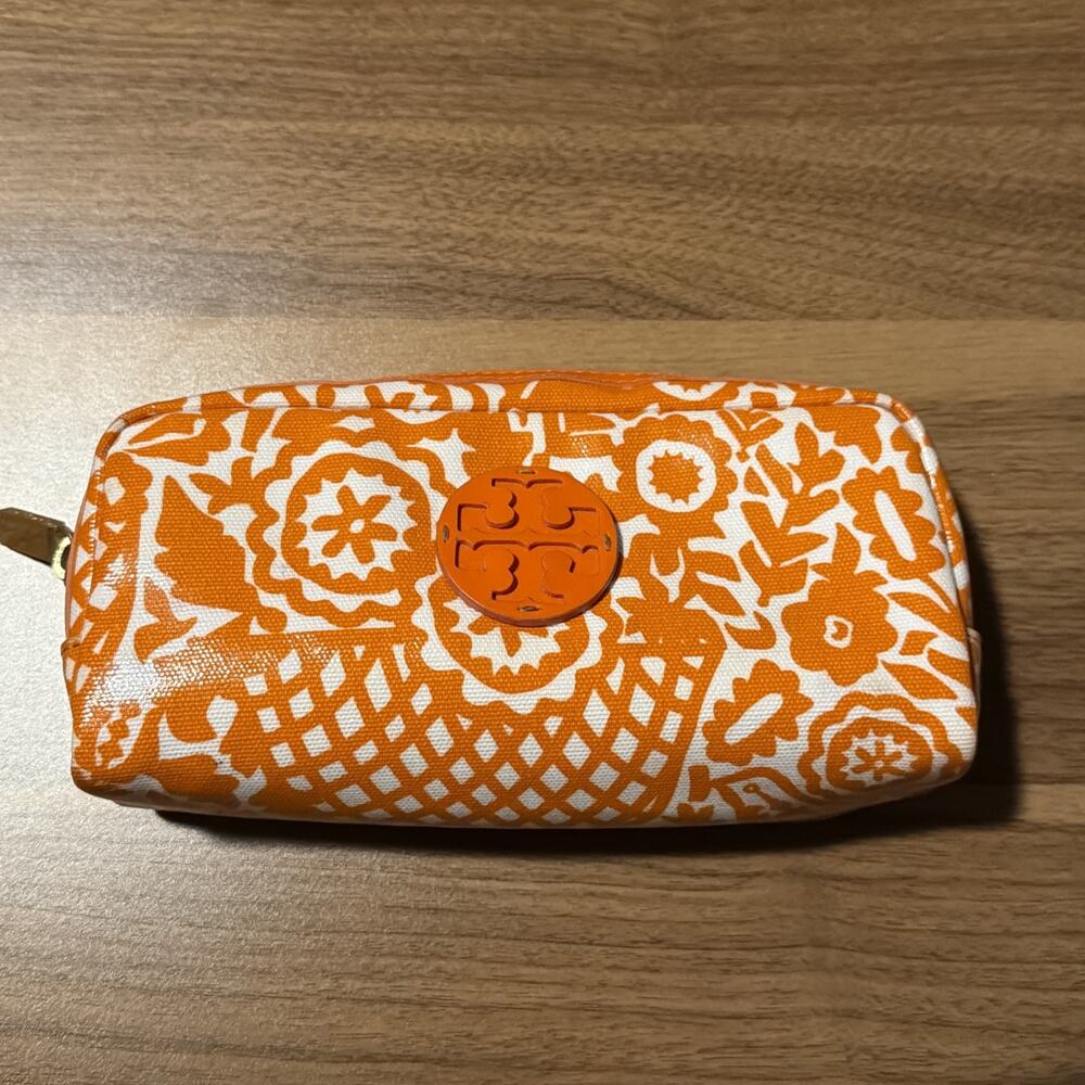 AUTH TORY BURCH LOGO COSMETIC/TRAVEL BAG/POUCH PREOWNED ORANGE MEDIUM